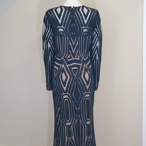 BCBGMAXAZIRA VEIRA DRESS geometric Illusion Boho Maxi Dress Sz 10 black/Nude - Picture 6 of 12